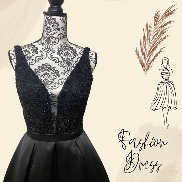 Black Plunging Flare Cocktail Dress - Size 4 - Picture 2 of 6